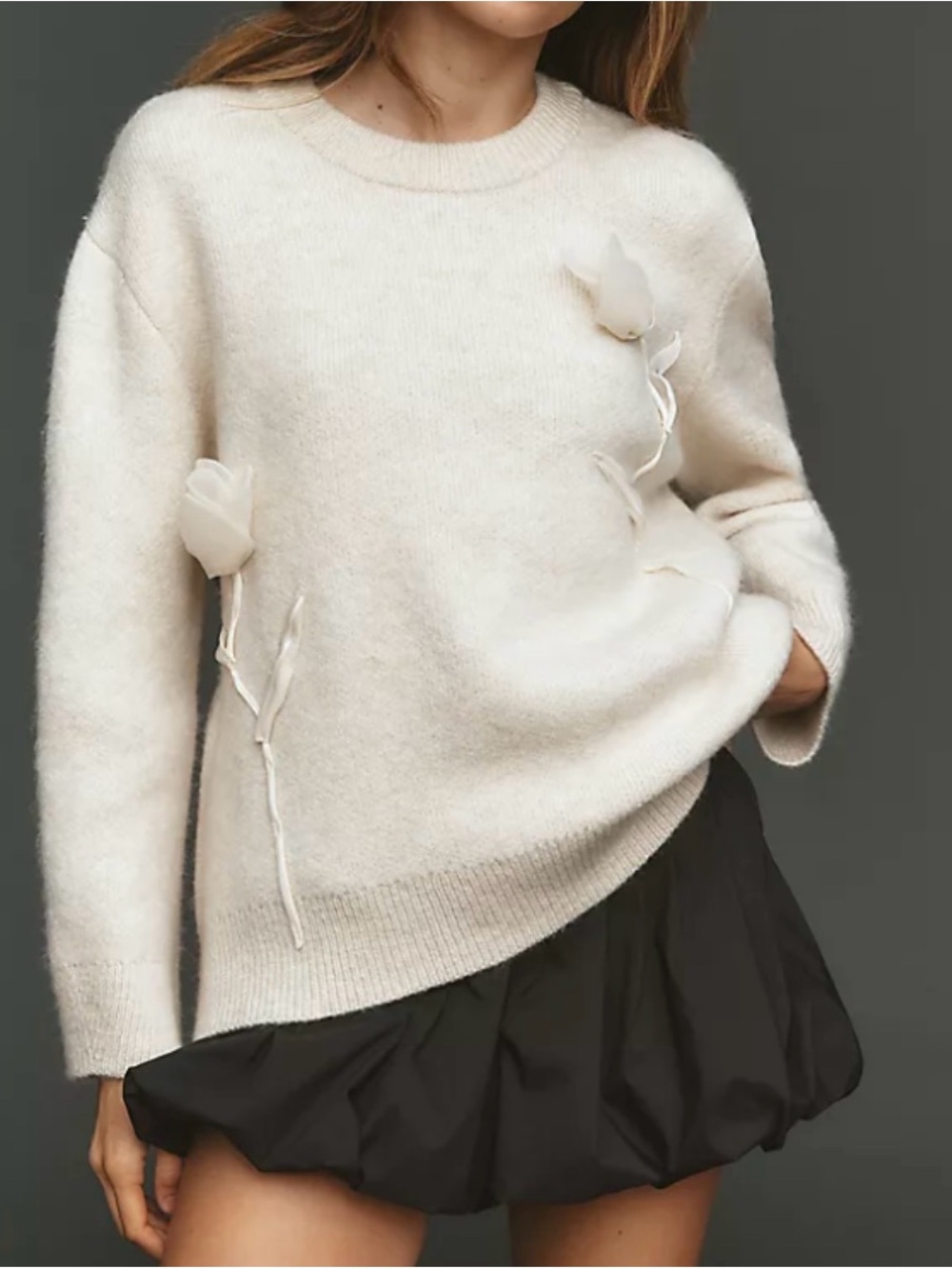 Anthropologie Sweater Antique Ivory Cream Floral Appliqué Crewneck 3D